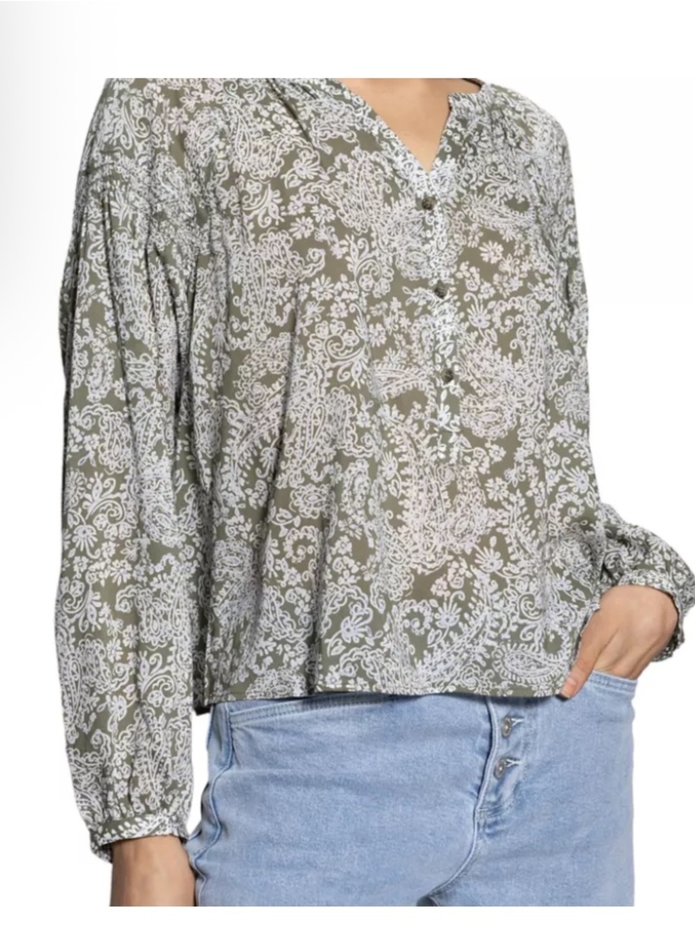 Sanctuary Olive Green Floral Paisley Boho Casual Button-Front Blouse